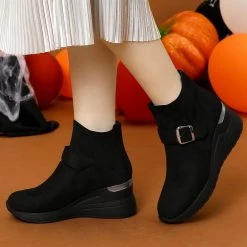 Allegra K Shoes Women's Platform Buckle Decor Wedge Heel Ankle Boots