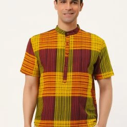 Allegra K Men's Linen Henley Shirt Short Sleeve Pattern Button Down Color Block Shirts