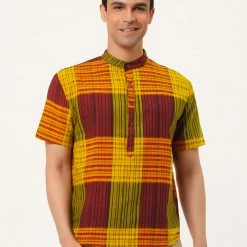 Allegra K Men's Linen Henley Shirt Short Sleeve Pattern Button Down Color Block Shirts