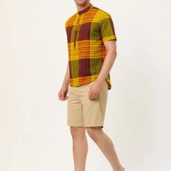 Allegra K Men's Linen Henley Shirt Short Sleeve Pattern Button Down Color Block Shirts