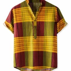 Allegra K Men's Linen Henley Shirt Short Sleeve Pattern Button Down Color Block Shirts