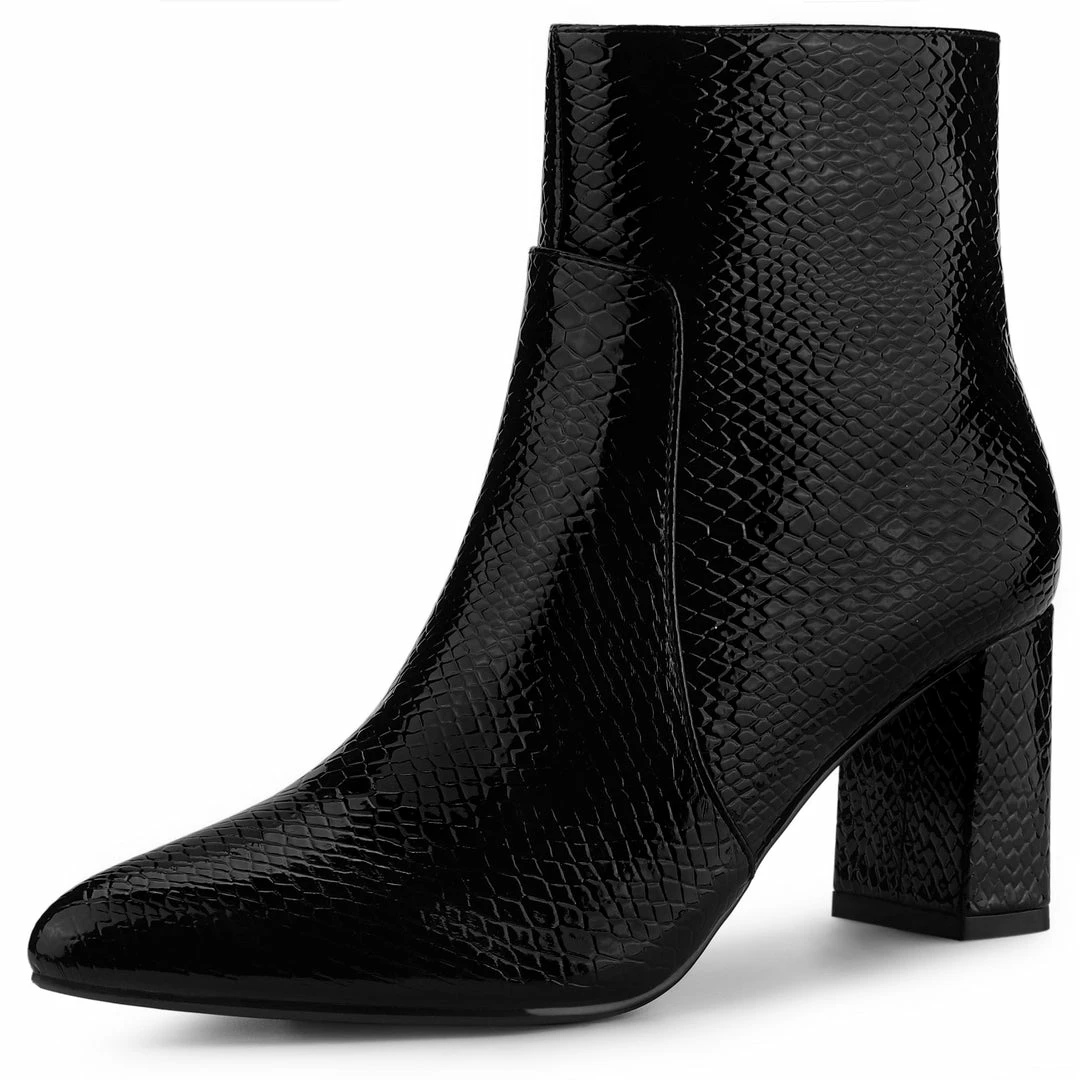 Allegra K Women's Pointed Toe Snake Print Chunky Heel Ankle Boots 4 Allegra K Women's Pointed Toe Snake Print Chunky Heel Ankle Boots