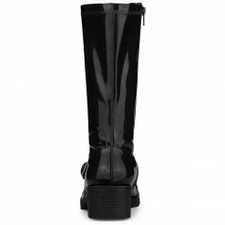 Allegra K Women's Round Toe Chunky Heels Patent Leather Mid Calf Boots Shoes