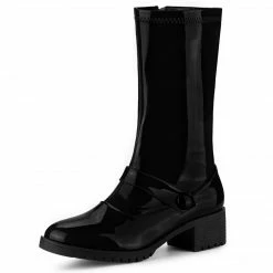 Allegra K Women's Round Toe Chunky Heels Patent Leather Mid Calf Boots Shoes