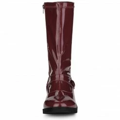 Allegra K Women's Round Toe Chunky Heels Patent Leather Mid Calf Boots Shoes