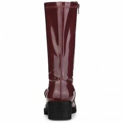 Allegra K Women's Round Toe Chunky Heels Patent Leather Mid Calf Boots Shoes