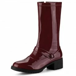 Allegra K Women's Round Toe Chunky Heels Patent Leather Mid Calf Boots Shoes