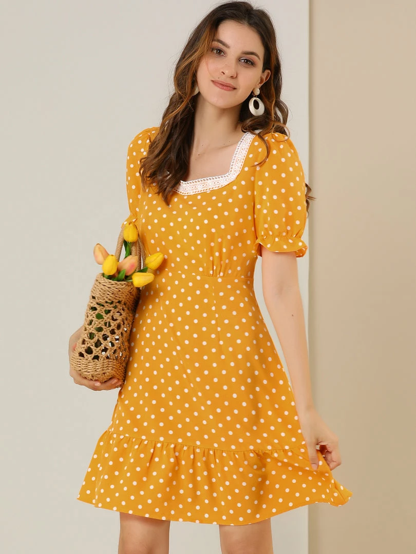 Allegra K Women's Dots Print Square Neck Ruffle Hem Short Sleeve Above Knee Casual Dress 23 Allegra K Women's Dots Print Square Neck Ruffle Hem Short Sleeve Above Knee Casual Dress