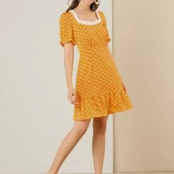 Allegra K Women's Dots Print Square Neck Ruffle Hem Short Sleeve Above Knee Casual Dress 48 Allegra K Women's Dots Print Square Neck Ruffle Hem Short Sleeve Above Knee Casual Dress