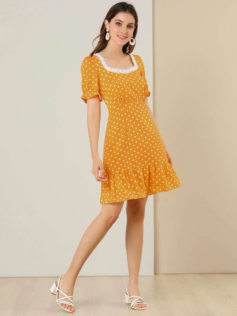 Allegra K Women's Dots Print Square Neck Ruffle Hem Short Sleeve Above Knee Casual Dress 24 Allegra K Women's Dots Print Square Neck Ruffle Hem Short Sleeve Above Knee Casual Dress