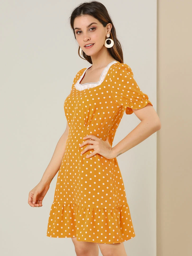 Allegra K Women's Dots Print Square Neck Ruffle Hem Short Sleeve Above Knee Casual Dress 25 Allegra K Women's Dots Print Square Neck Ruffle Hem Short Sleeve Above Knee Casual Dress