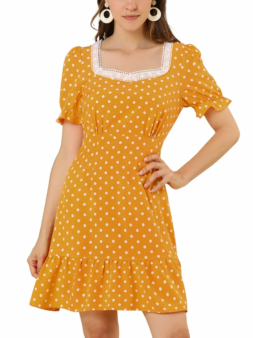 Allegra K Women's Dots Print Square Neck Ruffle Hem Short Sleeve Above Knee Casual Dress 22 Allegra K Women's Dots Print Square Neck Ruffle Hem Short Sleeve Above Knee Casual Dress