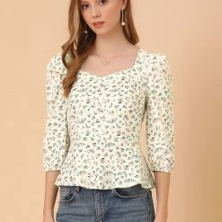 Allegra K Women's Cotton Sweetheart Neck 3/4 Sleeve Tops Floral Puff Sleeve Peplum 11 Allegra K Women's Cotton Sweetheart Neck 3/4 Sleeve Tops Floral Puff Sleeve Peplum
