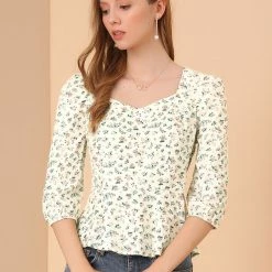 Allegra K Women's Cotton Sweetheart Neck 3/4 Sleeve Tops Floral Puff Sleeve Peplum 12 Allegra K Women's Cotton Sweetheart Neck 3/4 Sleeve Tops Floral Puff Sleeve Peplum
