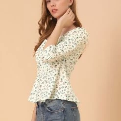 Allegra K Women's Cotton Sweetheart Neck 3/4 Sleeve Tops Floral Puff Sleeve Peplum 13 Allegra K Women's Cotton Sweetheart Neck 3/4 Sleeve Tops Floral Puff Sleeve Peplum