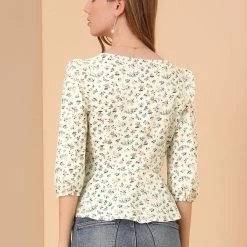 Allegra K Women's Cotton Sweetheart Neck 3/4 Sleeve Tops Floral Puff Sleeve Peplum 14 Allegra K Women's Cotton Sweetheart Neck 3/4 Sleeve Tops Floral Puff Sleeve Peplum
