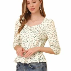 Allegra K Women's Cotton Sweetheart Neck 3/4 Sleeve Tops Floral Puff Sleeve Peplum