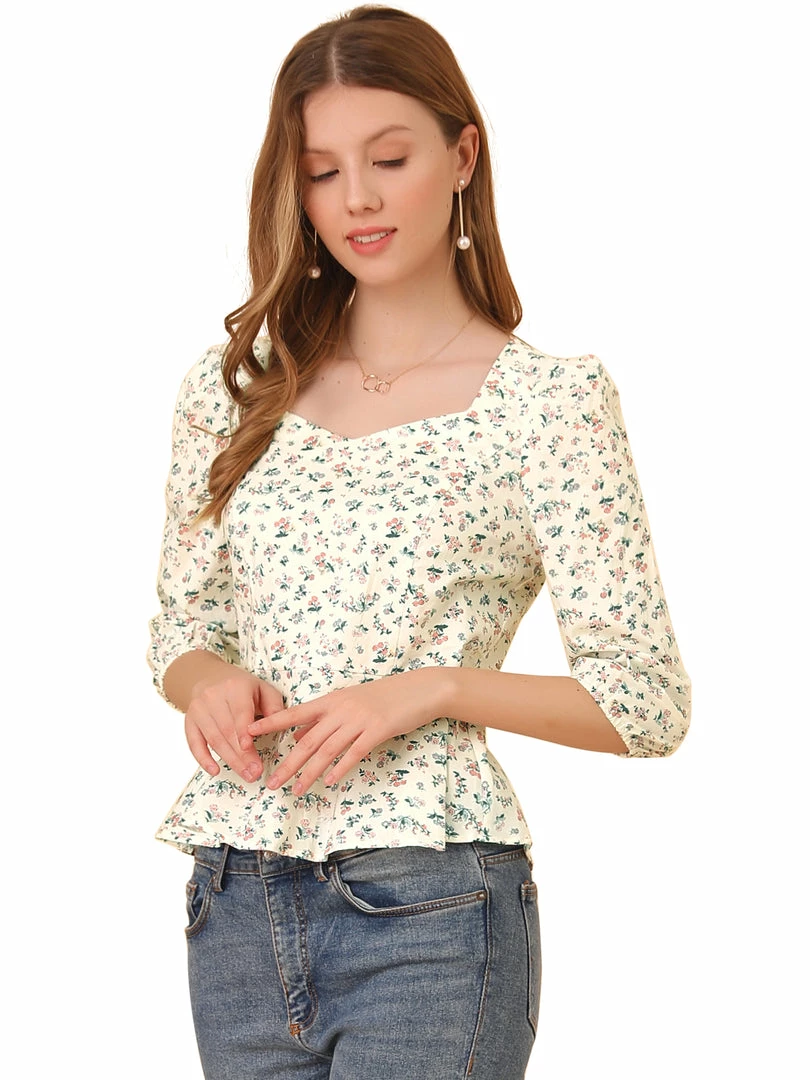 Allegra K Women's Cotton Sweetheart Neck 3/4 Sleeve Tops Floral Puff Sleeve Peplum 4 Allegra K Women's Cotton Sweetheart Neck 3/4 Sleeve Tops Floral Puff Sleeve Peplum