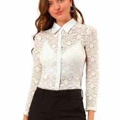 Allegra K Women's Semi Sheer Tops Lace Button Front Shirt Elegant Floral Shirt