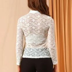 Allegra K Women's Semi Sheer Tops Lace Button Front Shirt Elegant Floral Shirt