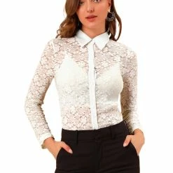 Allegra K Women's Semi Sheer Tops Lace Button Front Shirt Elegant Floral Shirt