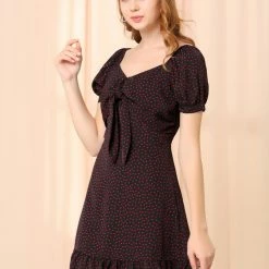 Allegra K Women's Ruffle Hem Sweetheart Neck Heart Tie Front Flare Mini Dress