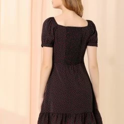 Allegra K Women's Ruffle Hem Sweetheart Neck Heart Tie Front Flare Mini Dress