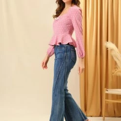 Allegra K Women's Sweetheart Neck Elactic Cuffs Ruffle Hem Heart Pattern Tops