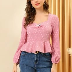 Allegra K Women's Sweetheart Neck Elactic Cuffs Ruffle Hem Heart Pattern Tops