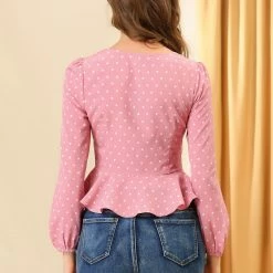 Allegra K Women's Sweetheart Neck Elactic Cuffs Ruffle Hem Heart Pattern Tops