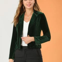 Allegra K Women's 1 Button Velvet Blazer Lapel Business Office Crop Suit Jacket