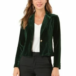 Allegra K Women's 1 Button Velvet Blazer Lapel Business Office Crop Suit Jacket