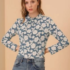 Allegra K Women's Casual Floral Top Long Sleeve Ruffle Neck Lace Blouse
