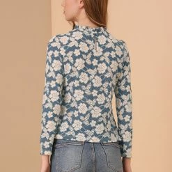 Allegra K Women's Casual Floral Top Long Sleeve Ruffle Neck Lace Blouse