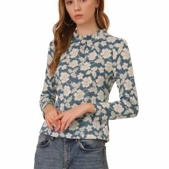 Allegra K Women's Casual Floral Top Long Sleeve Ruffle Neck Lace Blouse
