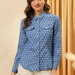 Allegra K Women's Point Collar Chest Pockets Button Down Dots Shirt