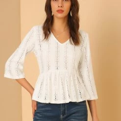 Allegra K Women's Peplum Top Long Sleeve Solid Lace Blouse