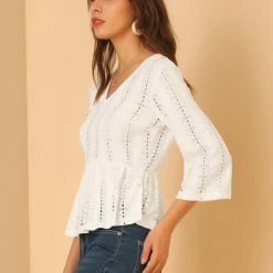 Allegra K Women's Peplum Top Long Sleeve Solid Lace Blouse