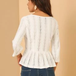 Allegra K Women's Peplum Top Long Sleeve Solid Lace Blouse