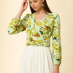 Allegra K Women's Floral Print V Neck Pleated Waist Lantern Long Sleeve Crop Top