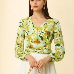 Allegra K Women's Floral Print V Neck Pleated Waist Lantern Long Sleeve Crop Top