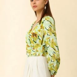 Allegra K Women's Floral Print V Neck Pleated Waist Lantern Long Sleeve Crop Top