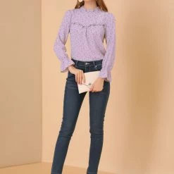 Allegra K Women's Floral Printed Ruffle Neck Long Sleeve Keyhole Back Chiffon Blouse Top 12 Allegra K Women's Floral Printed Ruffle Neck Long Sleeve Keyhole Back Chiffon Blouse Top