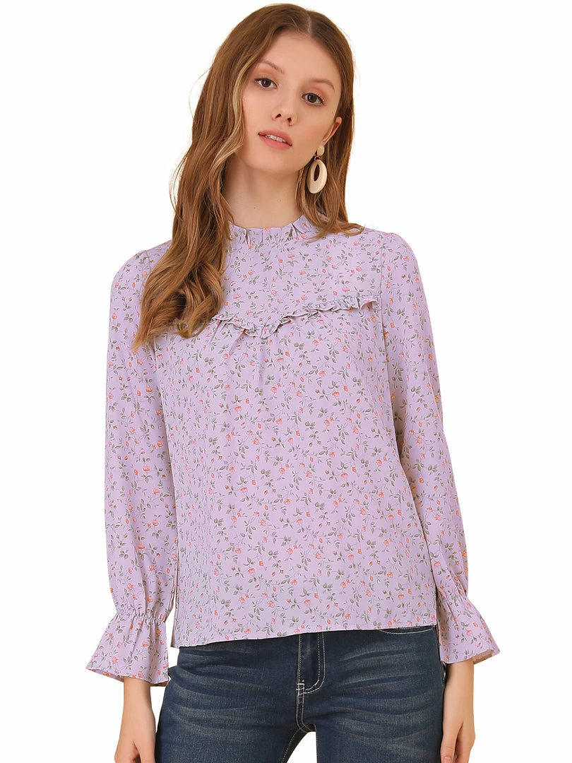 Allegra K Women's Floral Printed Ruffle Neck Long Sleeve Keyhole Back Chiffon Blouse Top 4 Allegra K Women's Floral Printed Ruffle Neck Long Sleeve Keyhole Back Chiffon Blouse Top