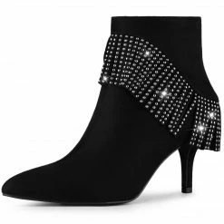 Allegra K Shoes Women's Pointed Toe Fringe Stiletto Heel Ankle Boots 34 Allegra K Shoes Women's Pointed Toe Fringe Stiletto Heel Ankle Boots