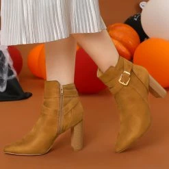 Allegra K Women's Pointed Toe Buckle Decor Chunky Heel Ankle Boots Shoes