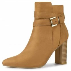 Allegra K Women's Pointed Toe Buckle Decor Chunky Heel Ankle Boots Shoes