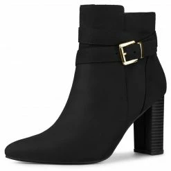 Allegra K Women's Pointed Toe Buckle Decor Chunky Heel Ankle Boots Shoes