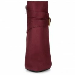 Allegra K Women's Pointed Toe Buckle Decor Chunky Heel Ankle Boots Shoes