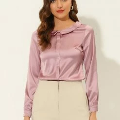 Allegra K Women's Satin Peter Pan Collar Shirt Office Elegant Top Work Blouse